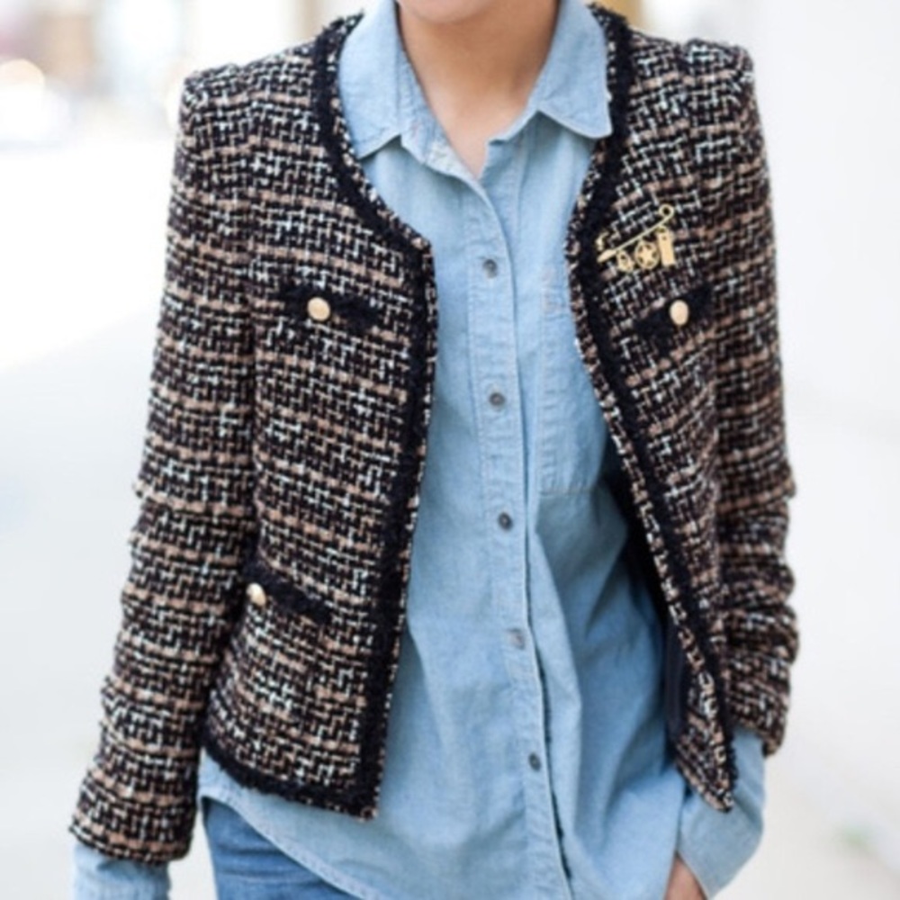 Uniqueen Iconic The Coco Black Camel Tweed Blazer Jacket Size 2